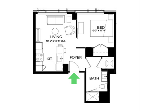 Floor plan for 1 bed, 1 bath, 553 sqft